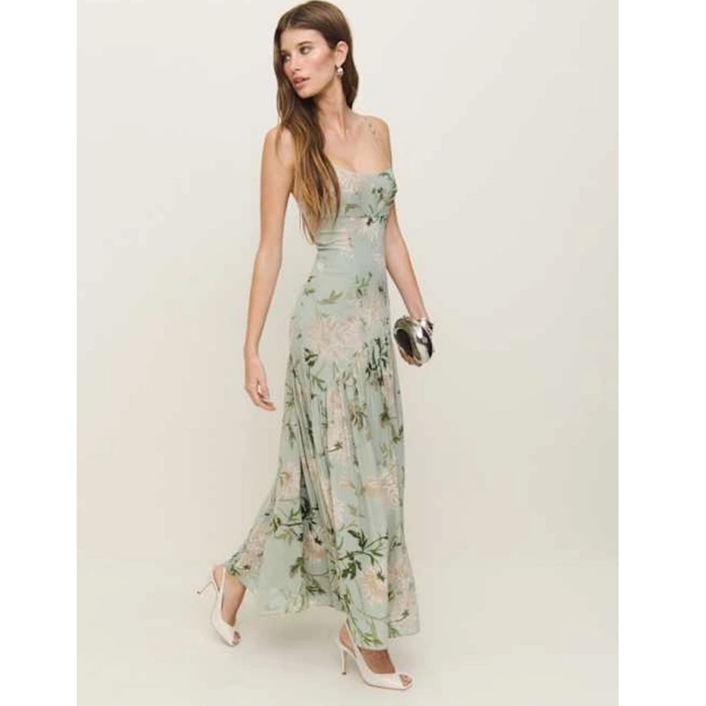 Reformation Catana Floral Georgette Drop Waist Maxi Dress Pergola Green Size 2 - Picture 6 of 12